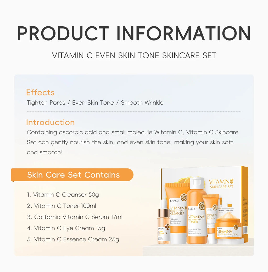 LAIKOU Vitamin C Skincare Set – 5-Piece Brightening Routine for Even Tone, Hydration & Smooth, Radiant Skin
