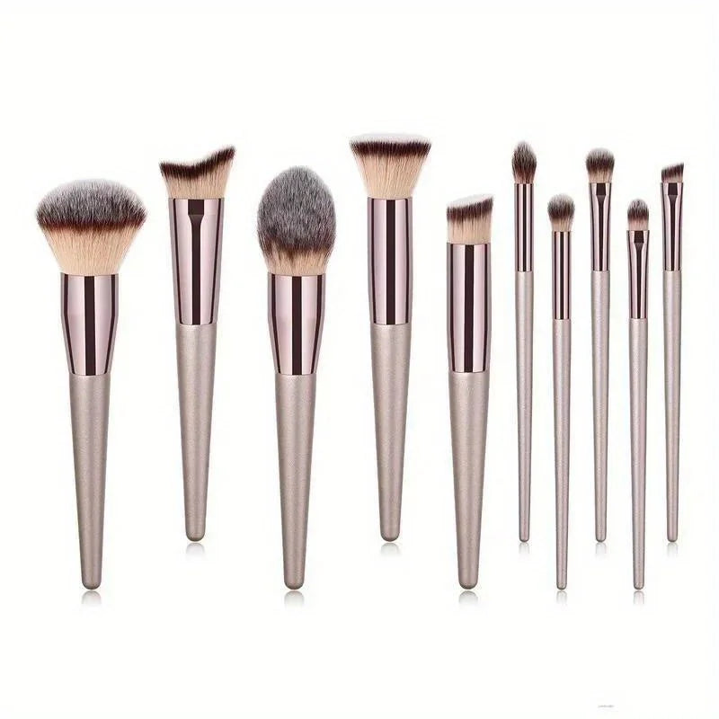 10-Piece Champagne Gold Makeup Brush Set — Foundation, Powder, Blush, Concealer & Eyeshadow Brushes | Professional Quality