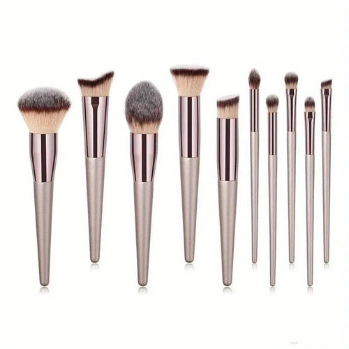 10-Piece Champagne Gold Makeup Brush Set — Foundation, Powder, Blush, Concealer & Eyeshadow Brushes | Professional Quality