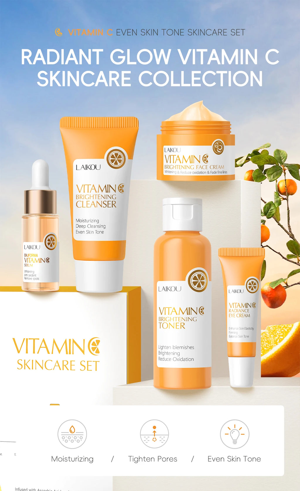 LAIKOU Vitamin C Skincare Set – 5-Piece Brightening Routine for Even Tone, Hydration & Smooth, Radiant Skin